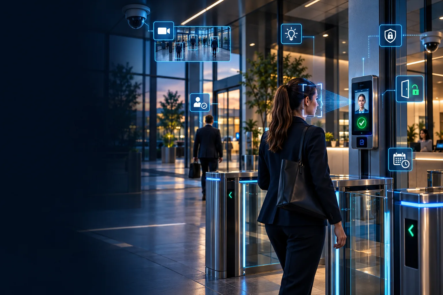 Office lobby with a SecureSys face-recognition terminal at speed gates, with camera, lighting, lock and schedule icons showing connected access control